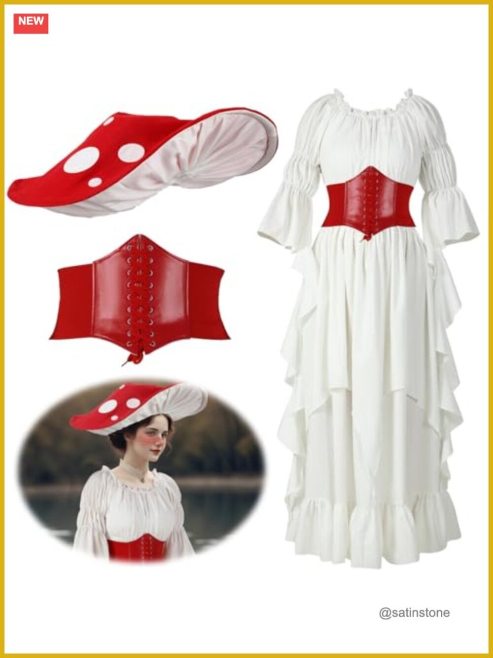Renaissance Mushroom Costume Set Medieval Dress Hat Belt Off Shoulder